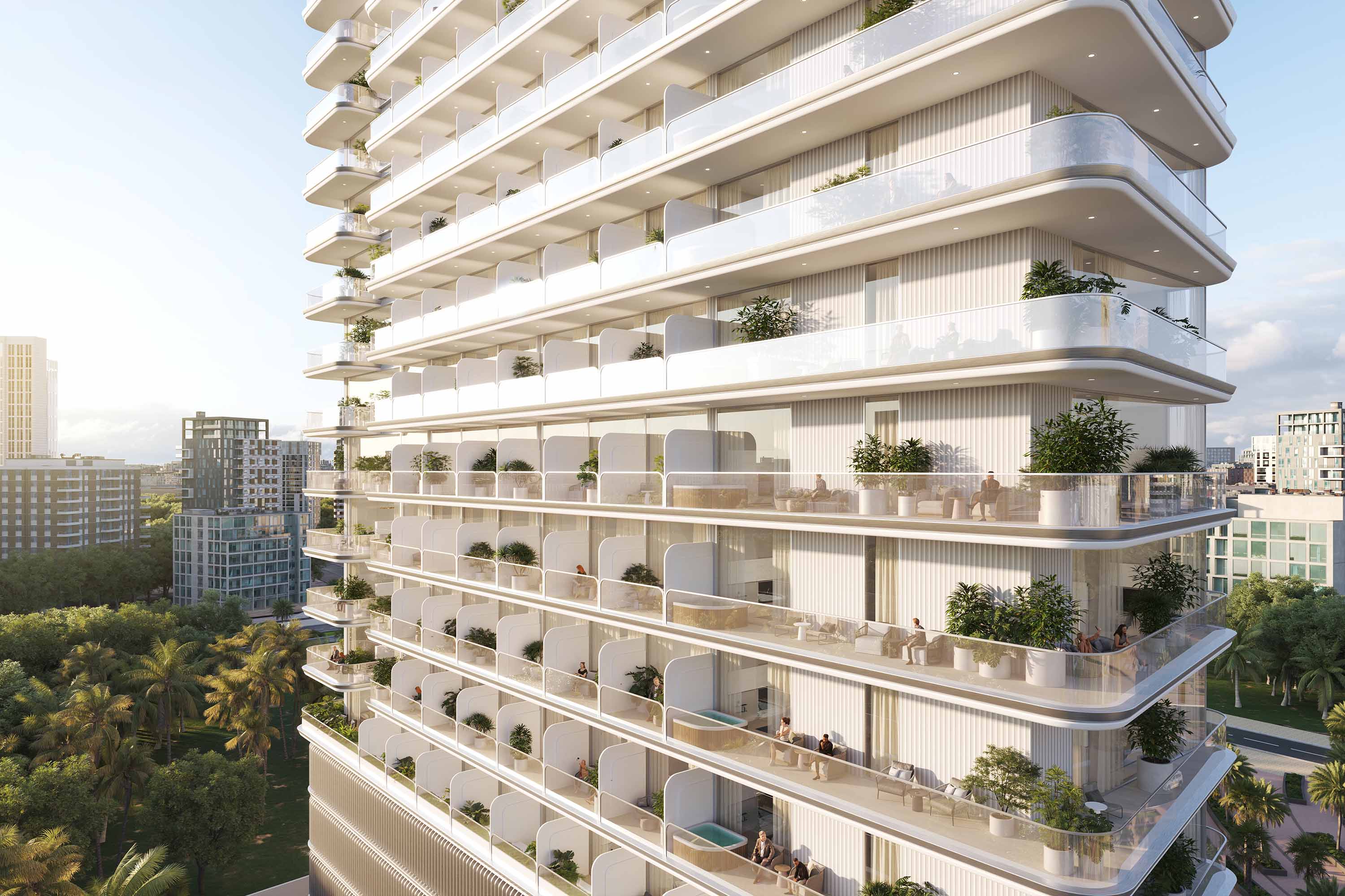 Cove Edition 4 By Imtiaz A modern residential building with multiple balconies adorned with plants, surrounded by greenery and cityscape.